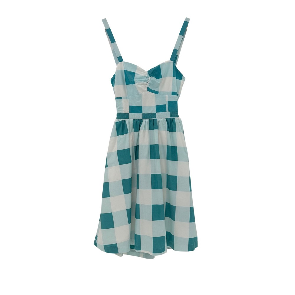ModCloth Teal White Gingham Dress Tie Back Preppy Girlcore Sz M Altered See Note